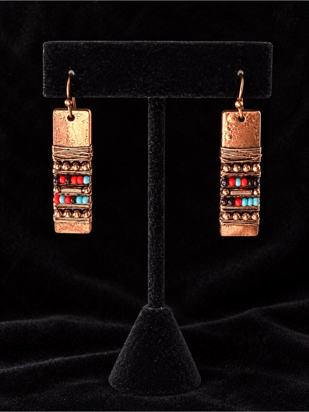 Copper Bar Earrings with Red and Turquoise Bead Accents